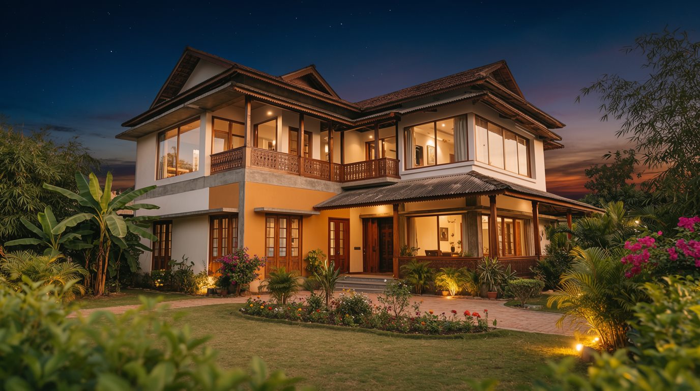 A Blue Sky Construction home in Assam, warmly lit at dusk with a landscaped garden